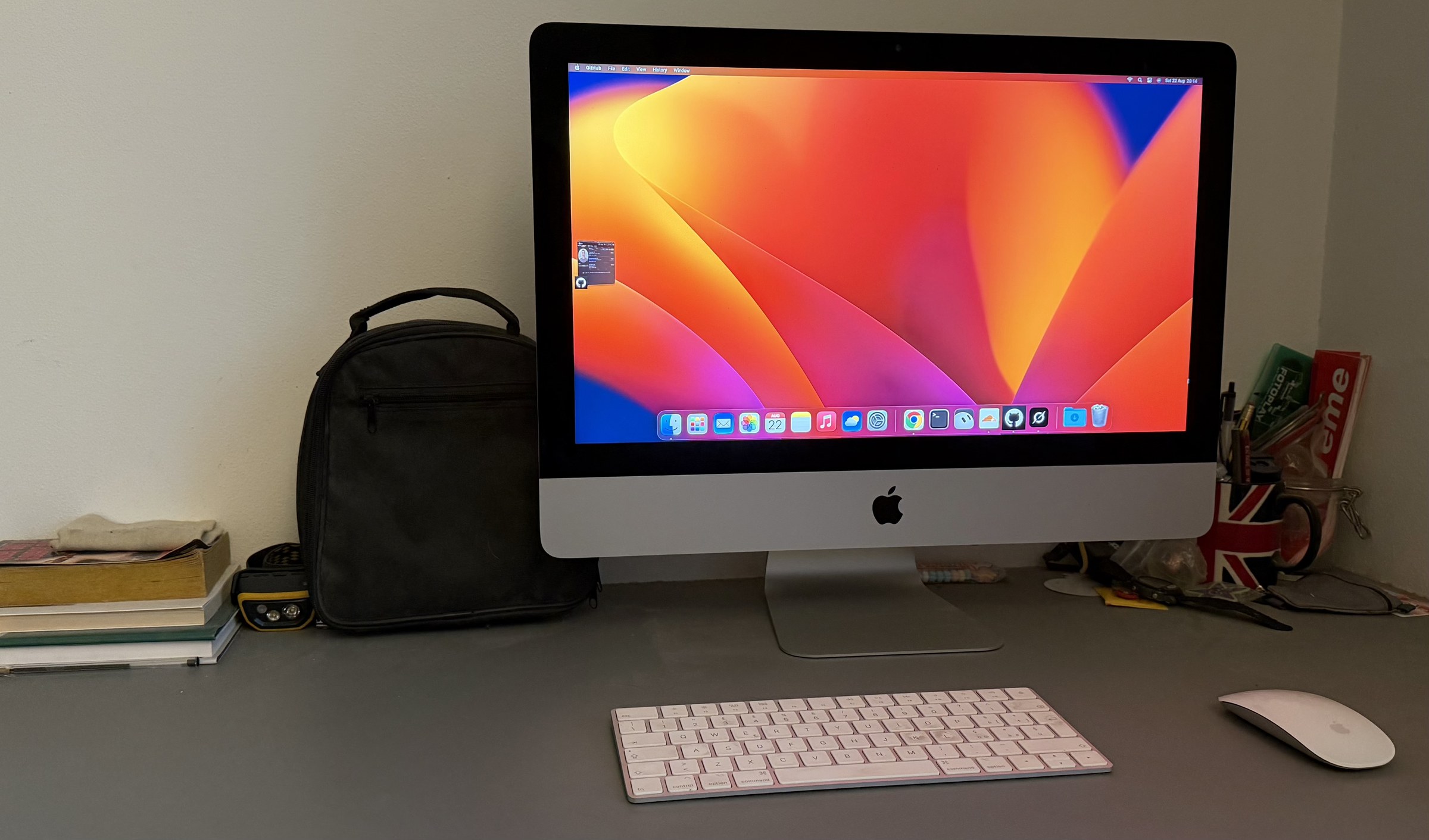 Filippo’s desk in Vignola — an iMac, keyboard, and the bag he works from