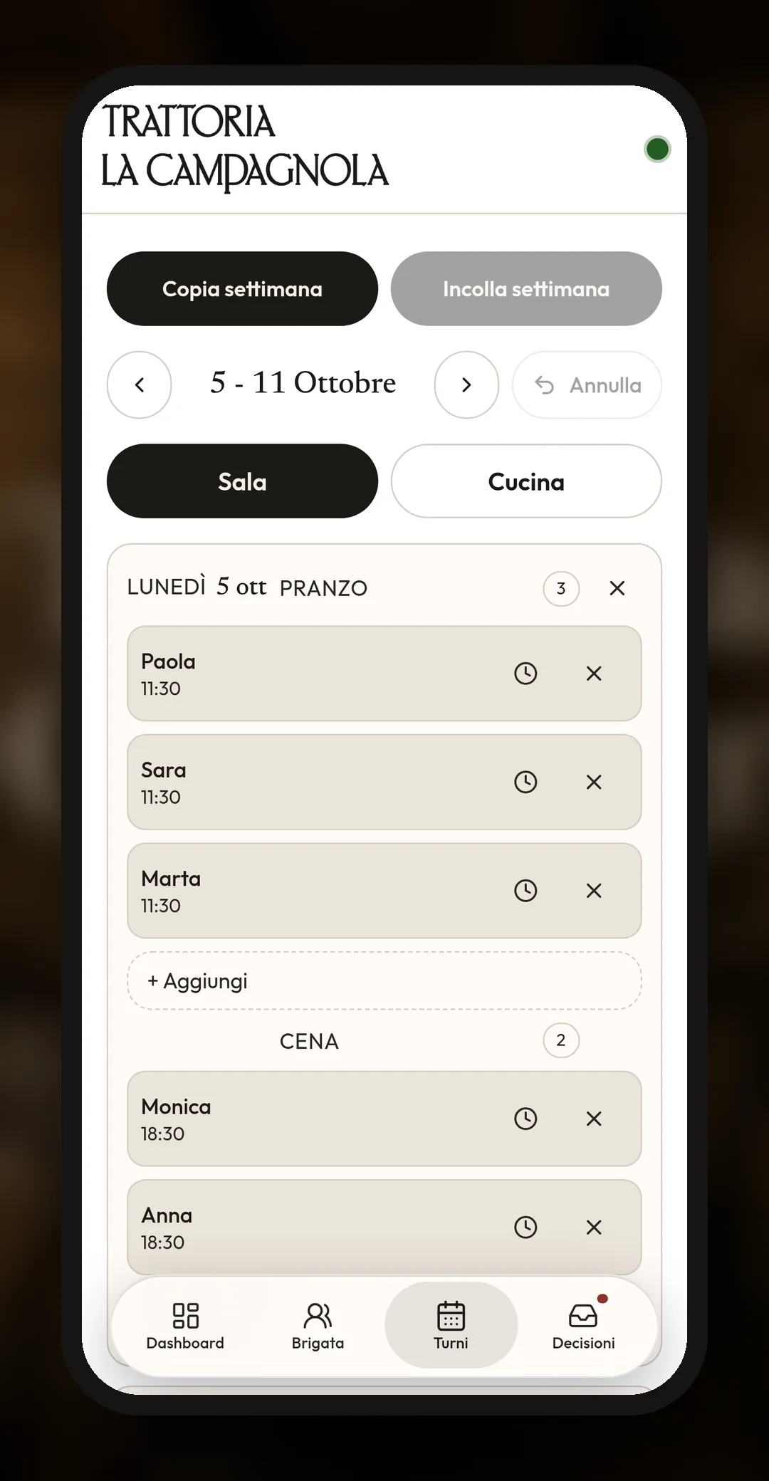 Compilazione dei turni di sala e cucina